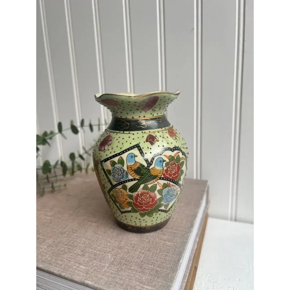 Vintage Aris Import Blue Bird Motif Asian-Inspired Floral Vase | 5